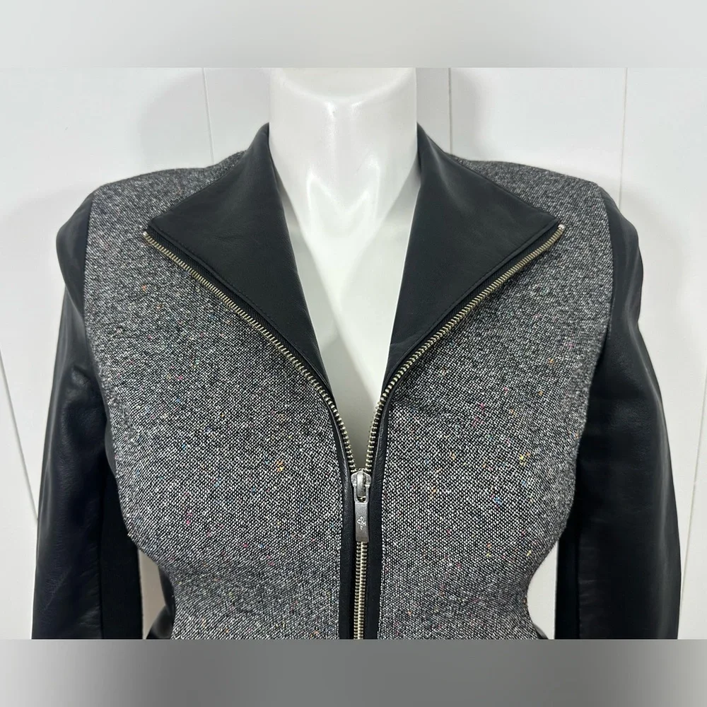 Cole Haan Sz 10 Gray Black Lambskin Leather Wool Blend Tweed Full Zip Jacket - Picture 2 of 14